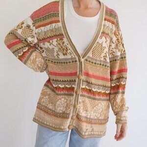 Vintage Cappagallo Sport Tan Pink Striped Knit Cotton Fair Isle Cardigan L